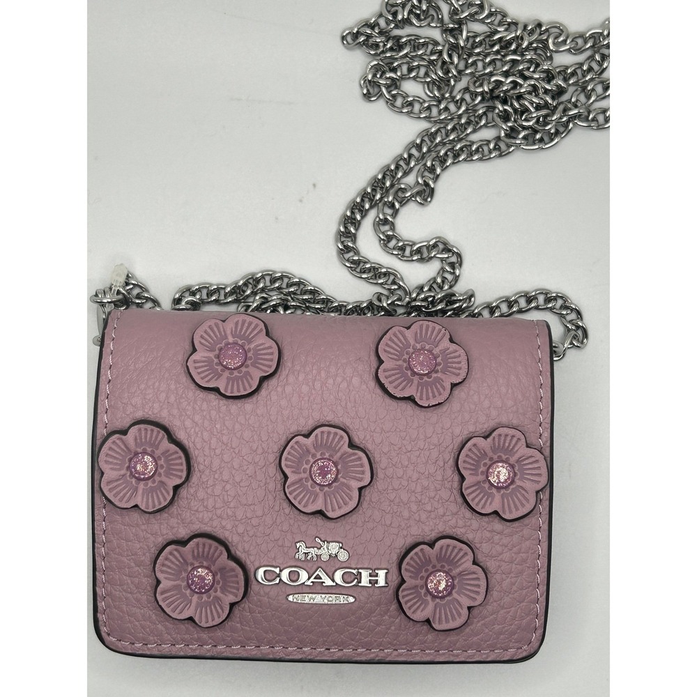 Coach Small Wallet Chain Tea Rose Floral Applique Gemstones Crossbody Bag#408